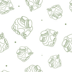 Vector illustration. Contour seamless pattern. Cakes, macaroons in sketch style. Hand drawn food elements. Desserts and sweets festive pattern for textiles, wallpaper, packaging, wrapping paper.