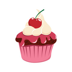 Cherry cupcake with rose cream. Vector flat illustration. Birthday Party Element. Bakery element.