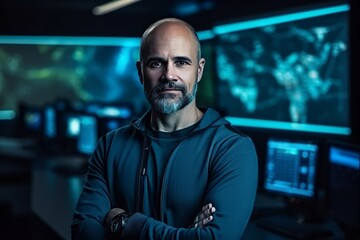 Portrait of a confident hacker with arms crossed in front of computer screens
