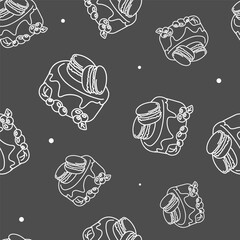 Vector illustration. Contour seamless pattern. Cakes, macaroons in sketch style. Hand drawn food elements. Desserts and sweets festive pattern for textiles, wallpaper, packaging, wrapping paper.