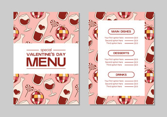 Vector Valentine's Day Menu Template. Romantic Special Menu. With flat illustrations. 