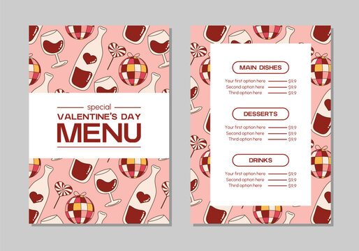 Vector Valentine's Day Menu Template. Romantic Special Menu. With flat illustrations. 