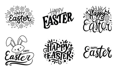 Collection of Happy Easter inscription banner. Handwriting text banners set Happy Easter lettering. Hand drawn vector art.