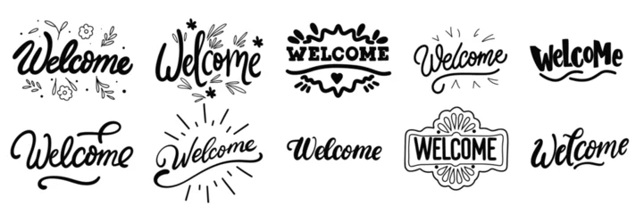 Fotobehang Collection of Welcome inscription banner. Handwriting text banners set Welcome lettering. Hand drawn vector art. © clelia-clelia