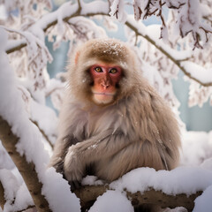 Snow monkey sitting in tree
