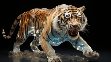 Obraz premium A majestic bengal tiger statue roars with fierce determination, its snarling snout a powerful symbol of the untamed spirit of these magnificent big cats