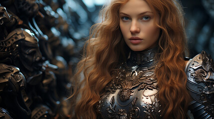 A red-haired woman, adorned in intricate metal armor, stands amidst a group of fellow armored figures in a dimly lit room, her blue eyes shining with determination as she clutches a sword