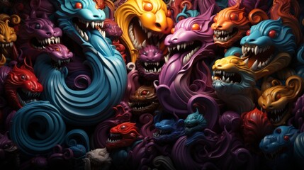 Whimsical and vibrant, a playful gathering of cartoon sculptures invites the viewer into a world of imagination and creativity