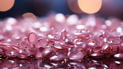 A shimmering cascade of dew-like drops glisten atop a mountain of delicate pink beads, evoking a sense of ethereal beauty and feminine grace