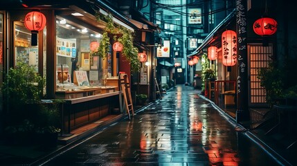 Japanese night street photography on the traditional market with ambient light by Lampion professional photography AI Image Generative - obrazy, fototapety, plakaty