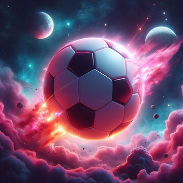 a photo realistic soccer ball as a planet in space with pink smoke and explosions generative ai