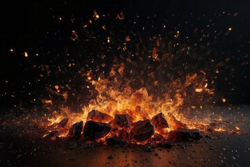 Fire embers particles over black background. Fire sparks background