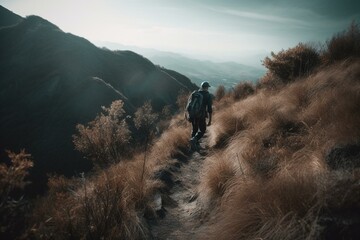 Person hiking up mountain trail. Generative AI - obrazy, fototapety, plakaty