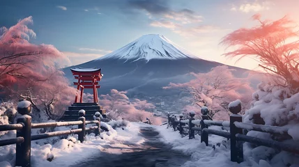 Photo sur Plexiglas Anti-reflet Mont Fuji japanese end of winter season go to the spring season with cherry blossoms bloom and fuji mountain AI Image Generative