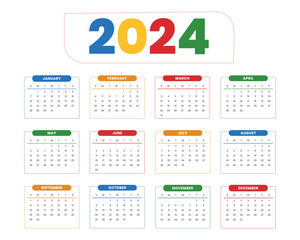 2024 Calender colorful one page calender Vector