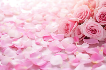 Abstract background, blur pink roses and rose petals.