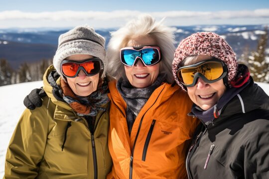 Happy senior women making selfie on mountain ski resort with picturesque view on the background.