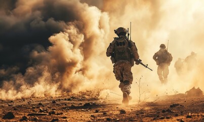 soldiers in combat gear running through a desert environment engulfed in smoke and dust
