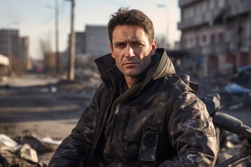 Portrait of a man in a jacket on a city street.