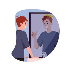 Young happy man looking in the mirror and imagine, fake reflection is great king with crown, cartoon positive vector