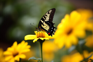 a yellow and black butterfly perch on a yellow flower