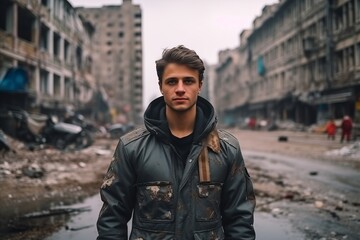 Portrait of a young man in a dirty street. Urban scene.