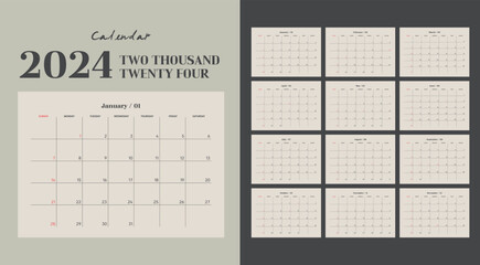 2024 Minimal Monthly Wall Calendar Poster - obrazy, fototapety, plakaty