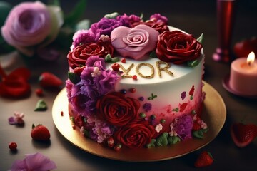 Obraz na płótnie Canvas A cake decorated with roses for Valentine's Day, Mother's Day or Birthday. Illustration of love. Generative AI