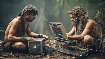 Primitive people use modern technology on forest photo model