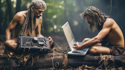 Primitive people use modern technology on forest photo model