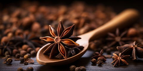 Organic Dry Star of Anise,,
shelves of cinnamon and anise stars in dark colors on a dark concrete stone background,,
Aromatic Spices Display on Dark Stone Background - obrazy, fototapety, plakaty