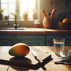Image of mango on the kitchen table - obrazy, fototapety, plakaty