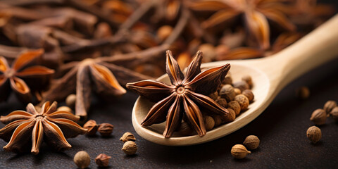 Close up of several spicy anise stars on a wooden table in a dark key,,
food macro natural anise,,
Dark Toned Cinnamon and Anise Stars on Concrete Shelves
