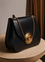 A small black grained leather bag in the shape of a well-designed crescent