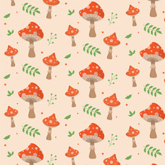 Vector pattern of fly mushrooms and leaves, cartoon pattern for children