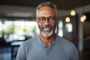 Male portrait of a confident, cheerful middle-aged African American man wearing glasses and standing at home inside a living room looking at camera