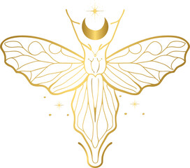 Fototapeta premium Golden celestial and mystic magical moth element in vintage boho style 