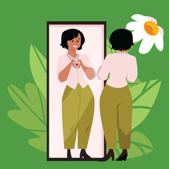 Young smiling woman looking in mirror, vector reflection the heart sign with fingers, love yourself, leaves and flower