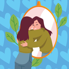 Young woman hugs with mirror reflection flat style, vector illustration