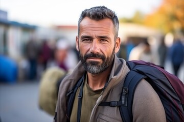 Portrait of a middle aged man with a backpack on his shoulder