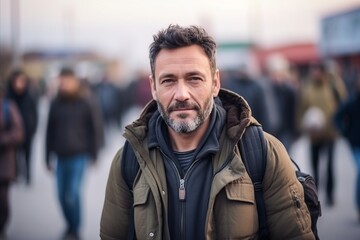 Portrait of a handsome middle-aged man with beard in the city