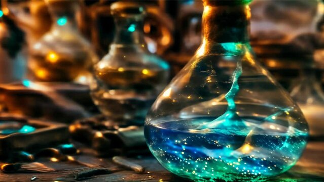 A curiously shaped potion bottle filled with glowing liquid, shining amidst a mystical ambiance.
