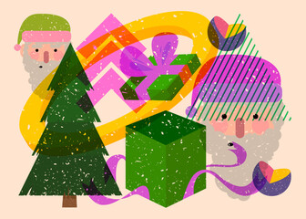 Fototapeta premium Risograph holiday, Christmas with geometric shapes. Pine Tree, Gift Box, Santa Claus Head with objects in trendy riso graph print texture style design with geometry elements.