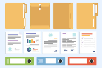 Set of office documents and folder, flat design icon vector illustration. - obrazy, fototapety, plakaty