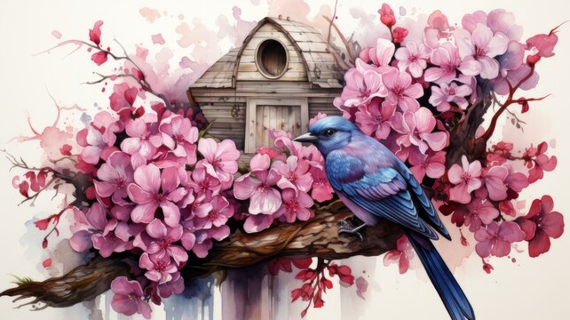 Illustration of a bird and birdhouse with cherry blossoms on a branch in spring nature.