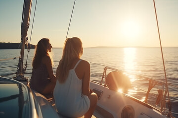 Two women sitting on the deck of a sailboat at sunset. Generative AI