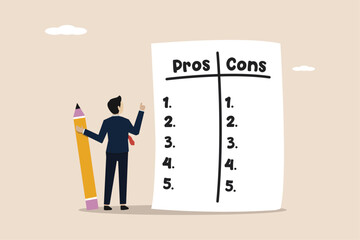Pros and cons comparison for making business decisions, advantage, positive and negative analysis, information list concept, thoughtful businessman listing business pros and cons to consider benefits. - obrazy, fototapety, plakaty