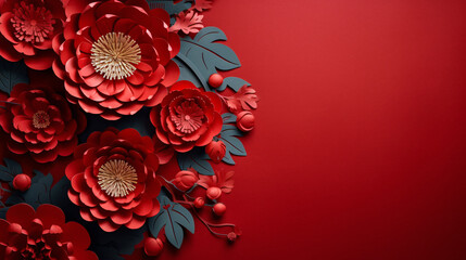 Paper craft red peony flowers on red background, Chinese new year or Lunar new year concept, oriental background. - obrazy, fototapety, plakaty