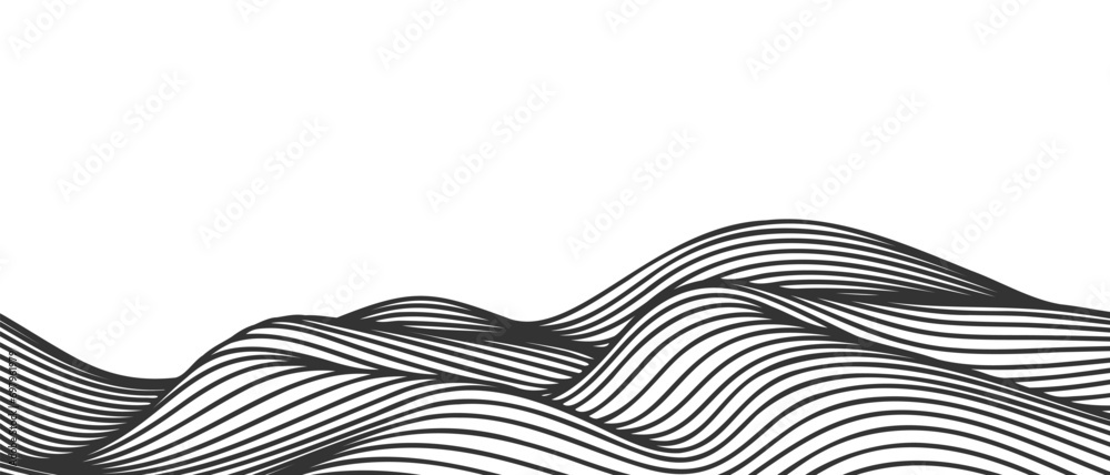 Poster Vector abstract line art wavy flowing dynamic black isolated on transparent background in concept wave, wind, ocean