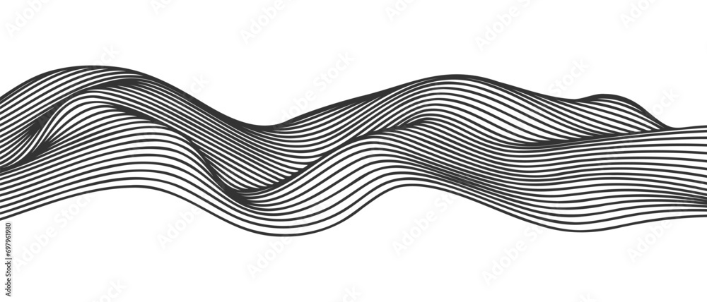 Poster Vector abstract line art wavy flowing dynamic black isolated on transparent background in concept wave, wind, ocean